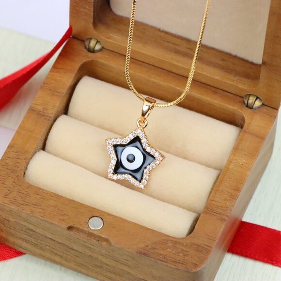 "Rose Gold Star Pendant with Black Evil Eye and CZ Accents, XPPT1380 - Picture 5 of 12